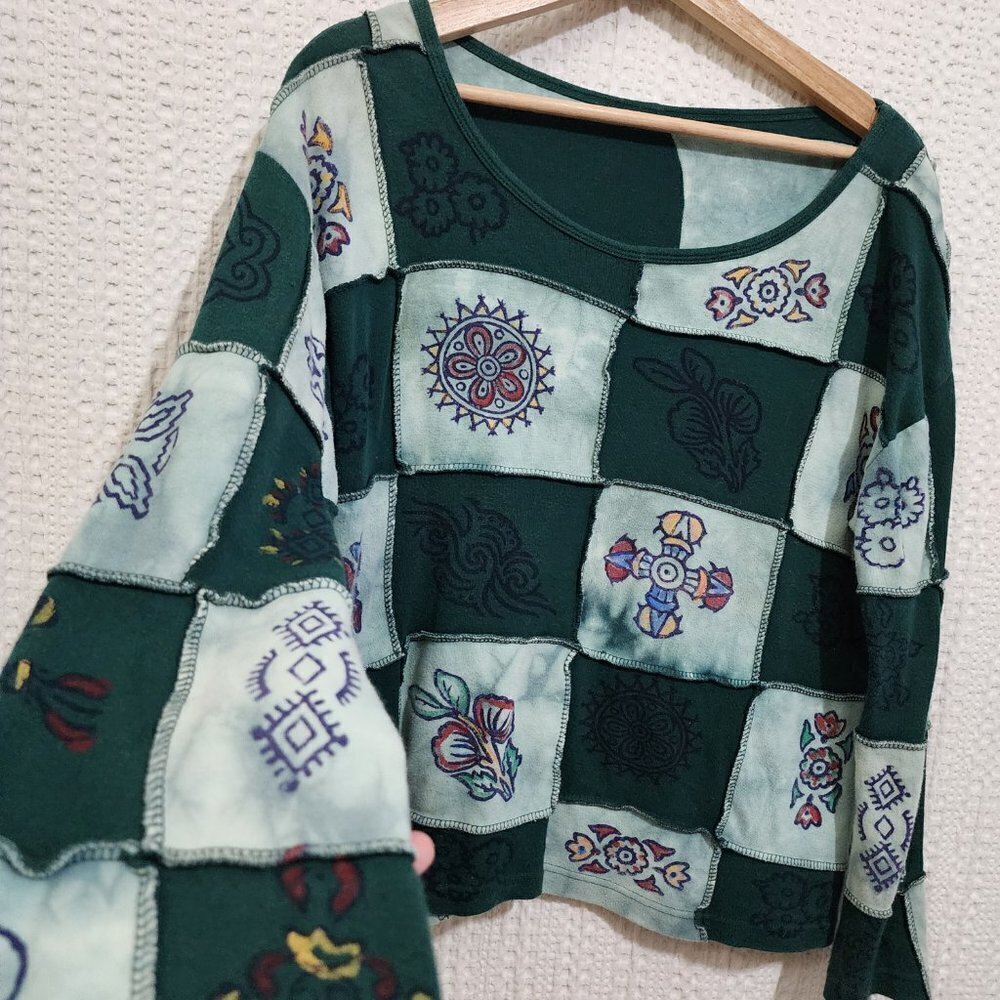 Vintage Y2K Lizzie Mcguire Inspired Patchwork Long Sleeve Boxy Crop Top X-Large - Picture 8 of 15